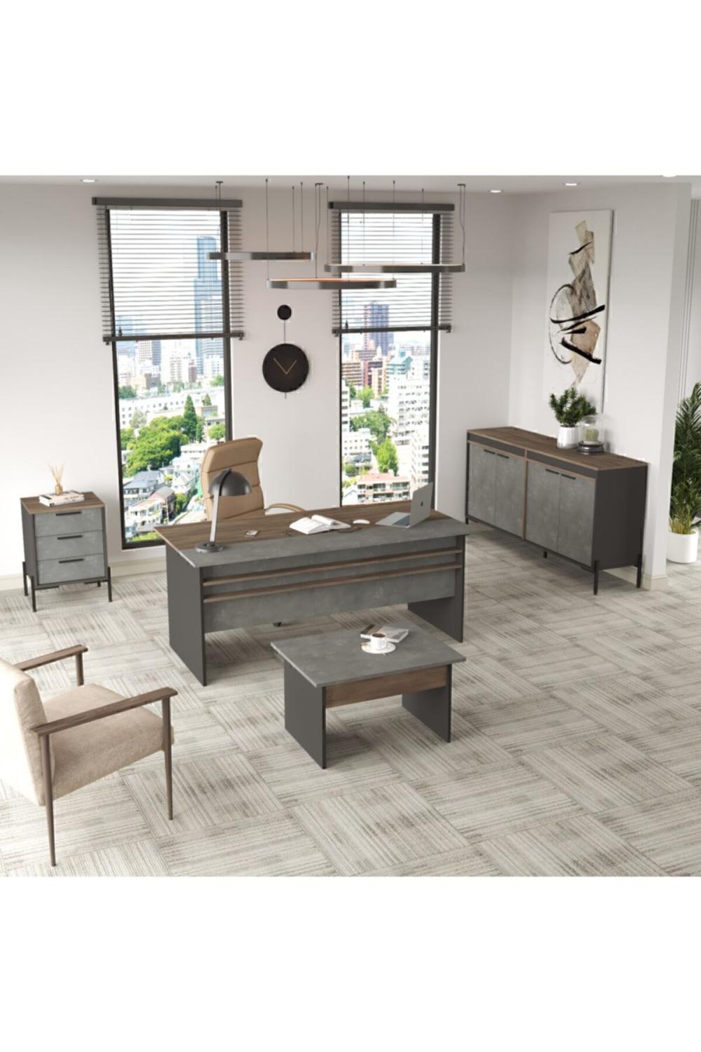 Navaris Abce Bureau Bureau Table Ensemble Marron-Béton-Anthracite NAV8-CGA