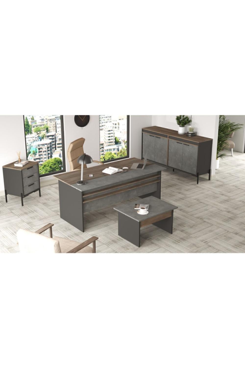 Navaris Abce Bureau Bureau Table Ensemble Marron-Béton-Anthracite NAV8-CGA