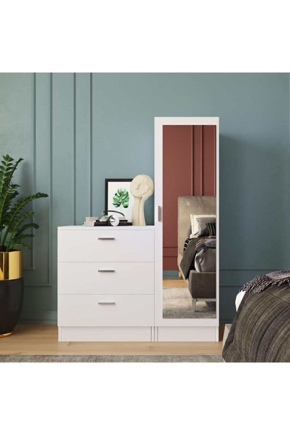 Commode Oswin avec Miroir et Rangement Type Armoire – Blanc OSW6-W