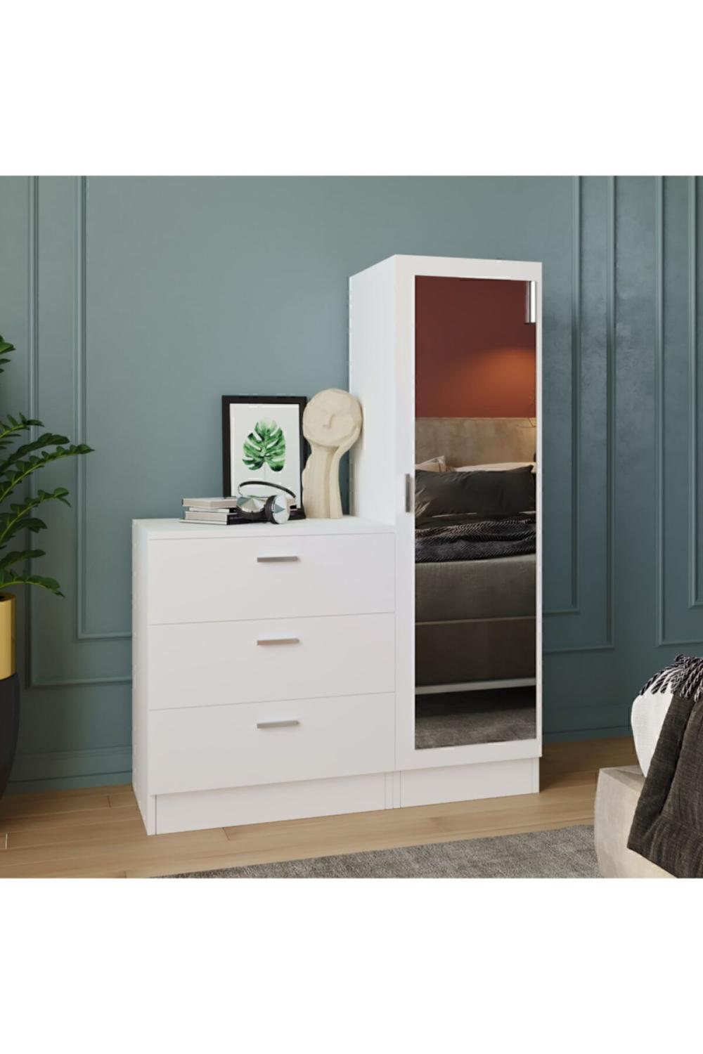 Commode Oswin avec Miroir et Rangement Type Armoire – Blanc OSW6-W