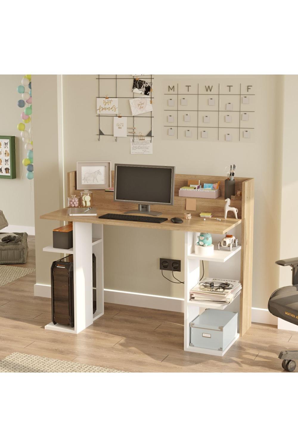 Pantego 124cm Bureau Bilgisayar Table À étagères Panier-Blanc PAN1-SW