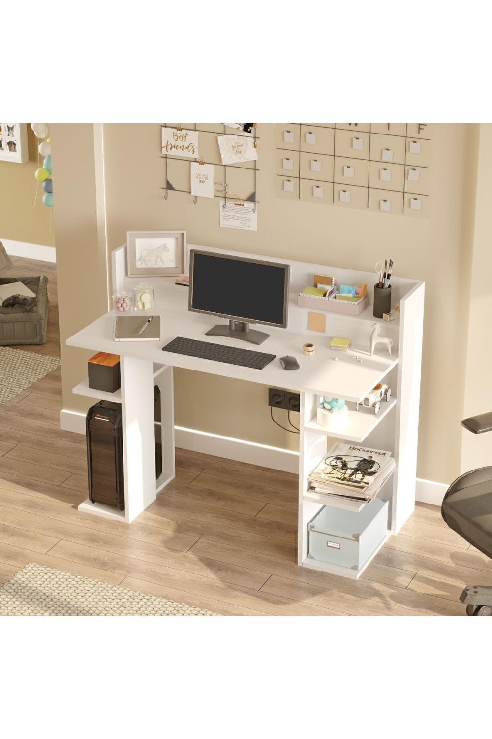 Pantego 124cm Bureau Bilgisayar Table À étagères Blanc PAN1-W