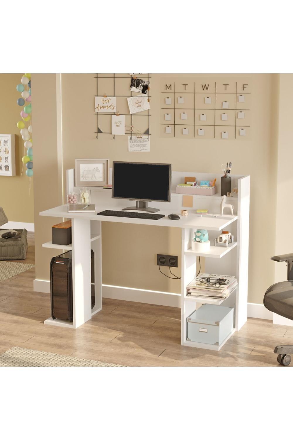Pantego 124cm Bureau Bilgisayar Table À étagères Blanc PAN1-W
