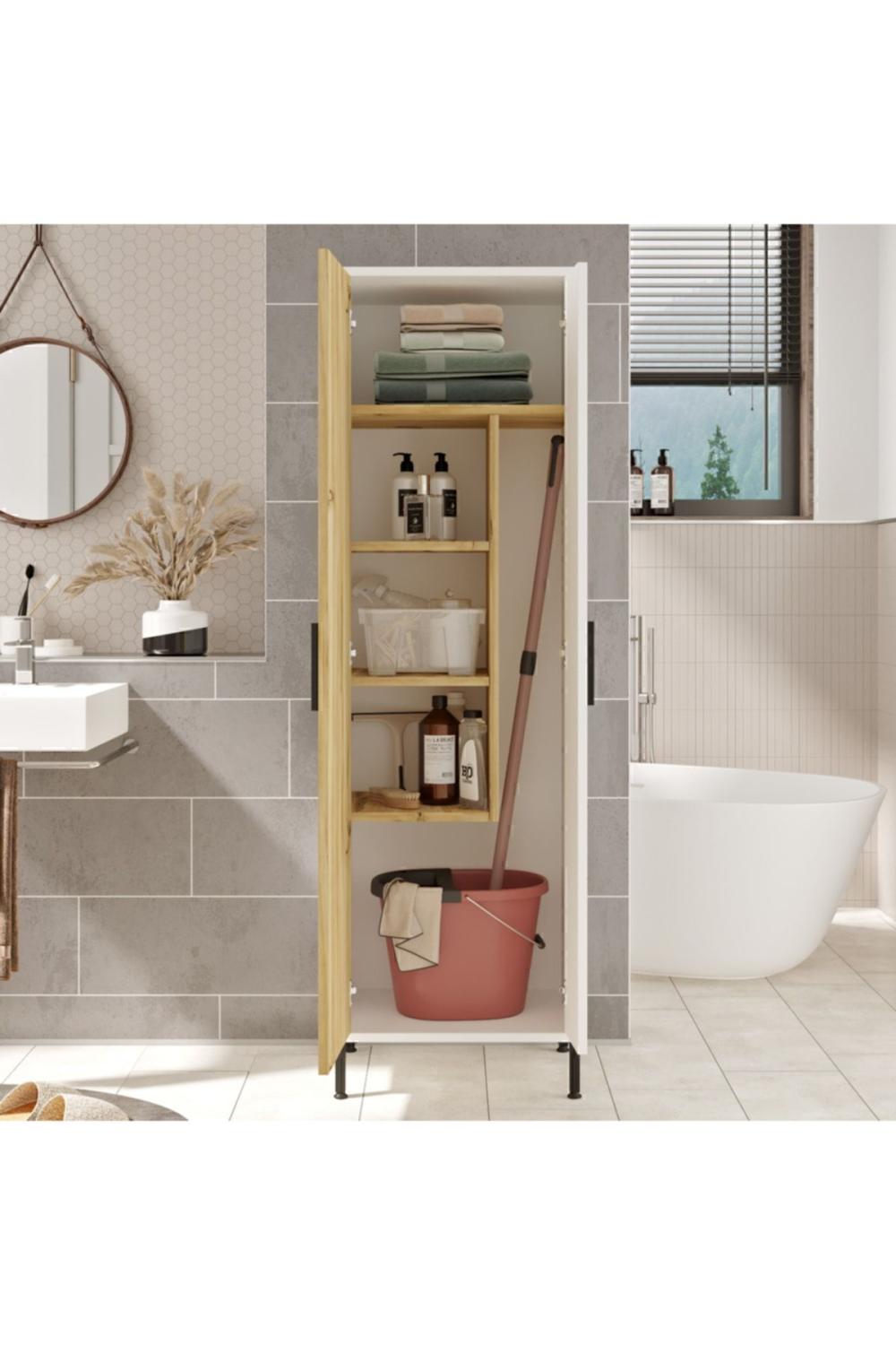 Armoire Polyvalente Rundell / Meuble de Rangement pour Produits de Nettoyage – Gris (Effet Feutre) & Blanc RUN1-WK