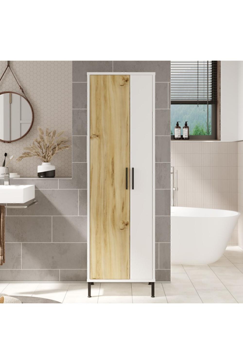 Armoire Polyvalente Rundell / Meuble de Rangement pour Produits de Nettoyage – Gris (Effet Feutre) & Blanc RUN1-WK