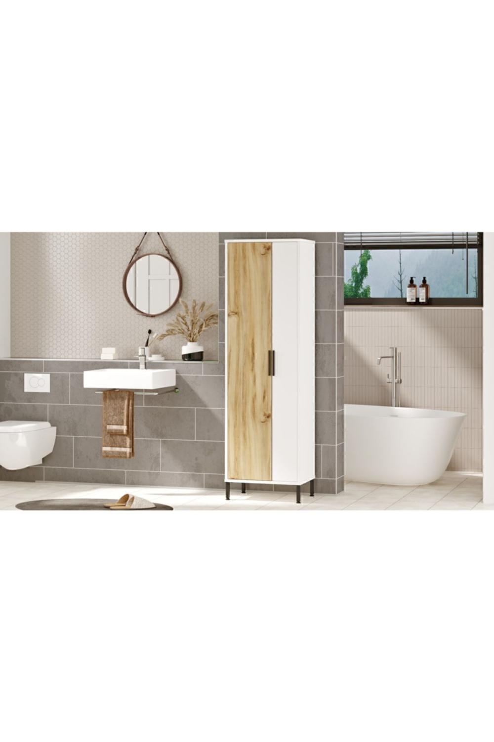 Armoire Polyvalente Rundell / Meuble de Rangement pour Produits de Nettoyage – Gris (Effet Feutre) & Blanc RUN1-WK