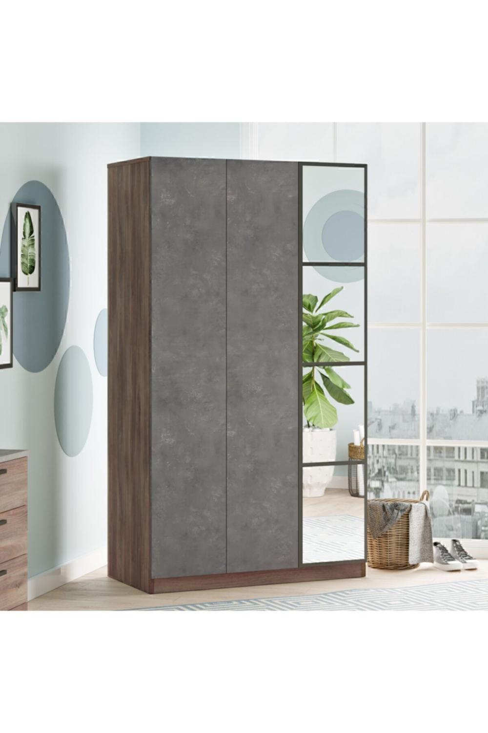 Teeny 3 Avec portes Avec tiroirs Avec miroir Armoire Elbise Armoire Béton-Marron TEE1-CG