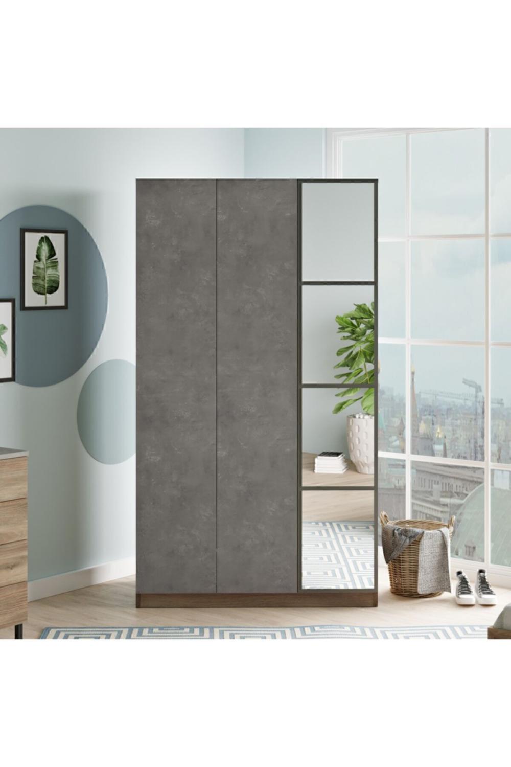Teeny 3 Avec portes Avec tiroirs Avec miroir Armoire Elbise Armoire Béton-Marron TEE1-CG