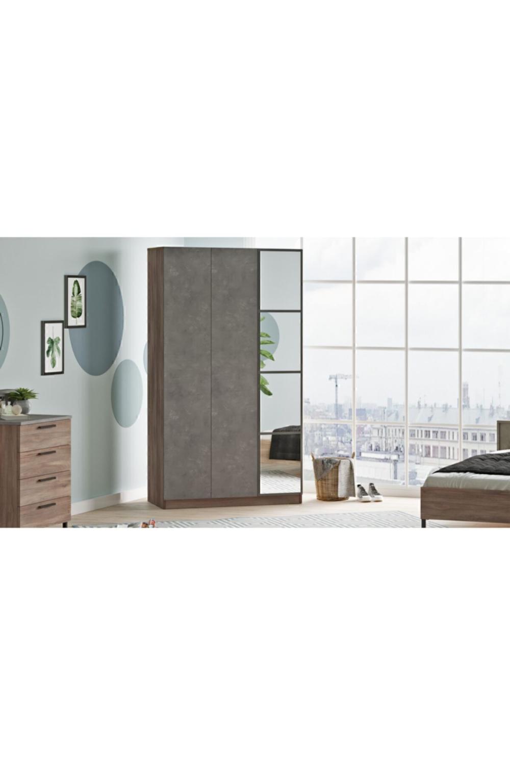Teeny 3 Avec portes Avec tiroirs Avec miroir Armoire Elbise Armoire Béton-Marron TEE1-CG