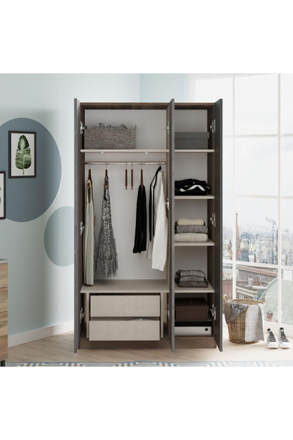 Teeny 3 Avec portes Avec tiroirs Avec miroir Armoire Elbise Armoire Béton-Marron TEE1-CG