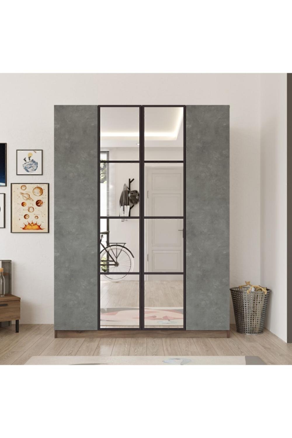 Teeny 4 Avec portes Avec tiroirs Avec miroir Armoire Elbise Armoire Béton Marron TEE2-CG