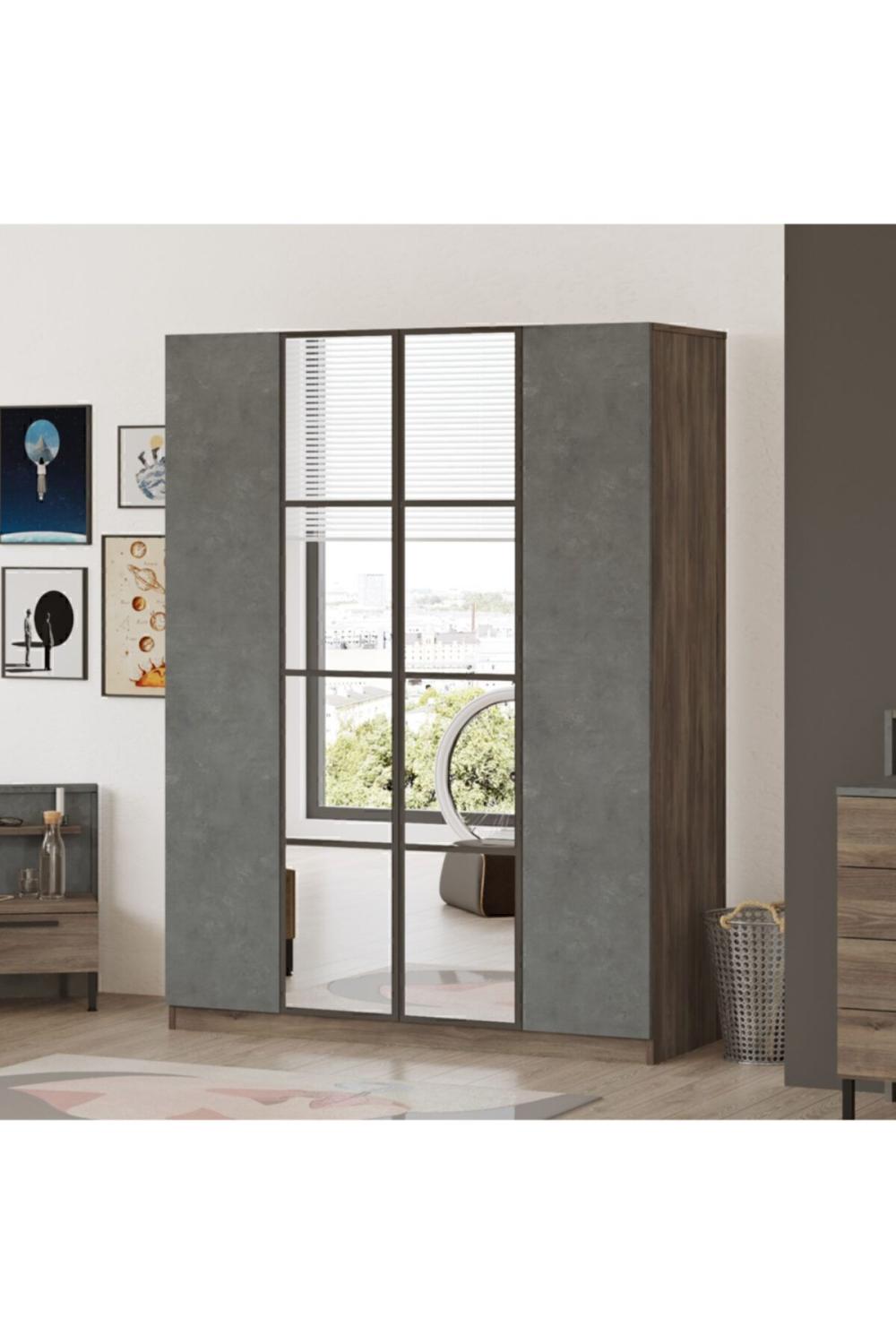 Teeny 4 Avec portes Avec tiroirs Avec miroir Armoire Elbise Armoire Béton Marron TEE2-CG