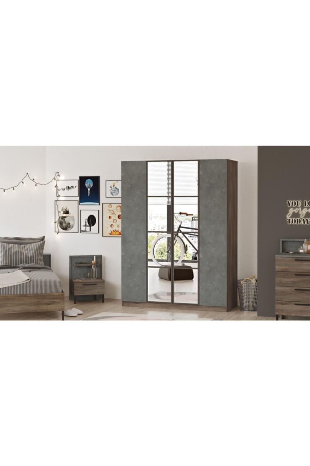 Teeny 4 Avec portes Avec tiroirs Avec miroir Armoire Elbise Armoire Béton Marron TEE2-CG