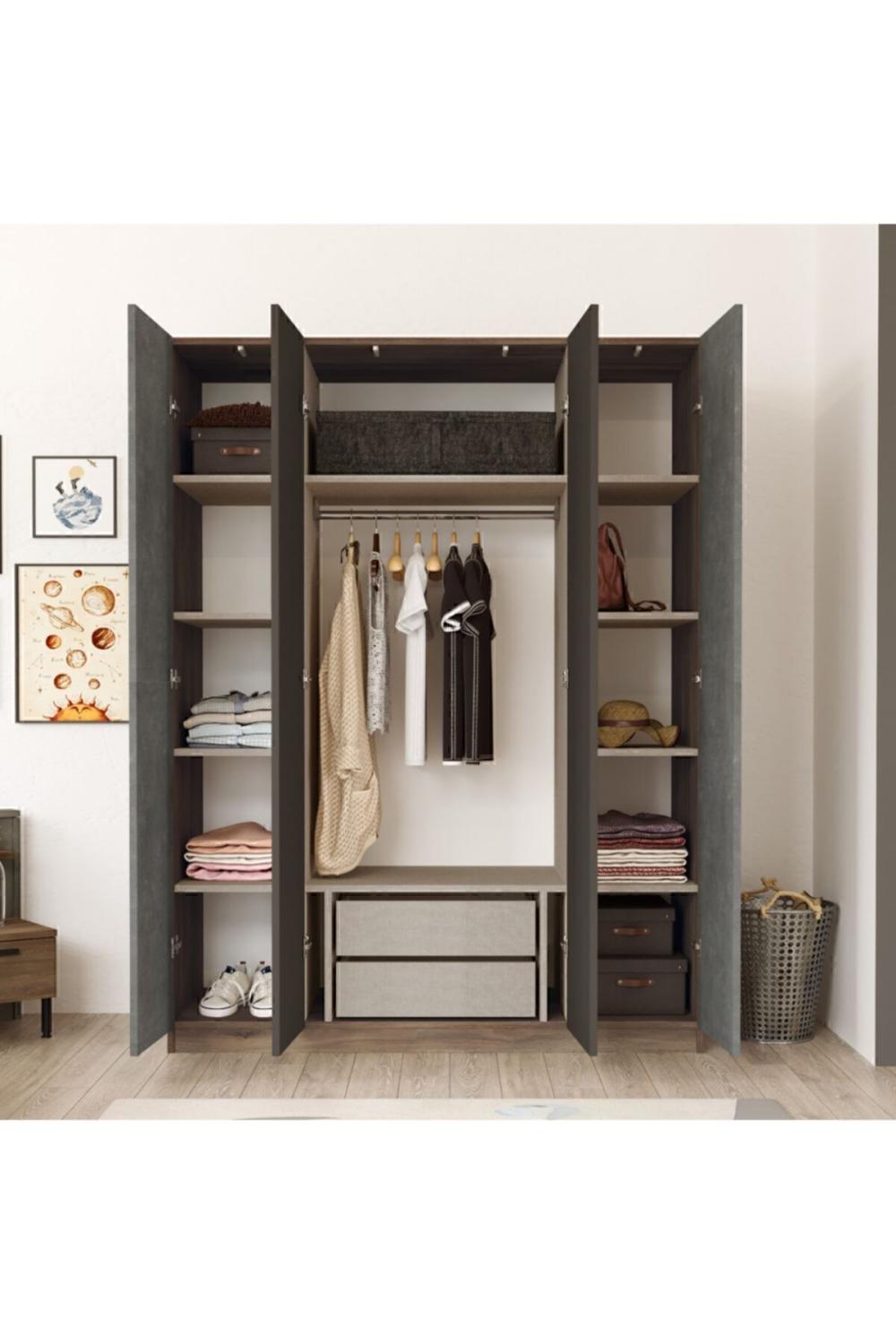 Teeny 4 Avec portes Avec tiroirs Avec miroir Armoire Elbise Armoire Béton Marron TEE2-CG