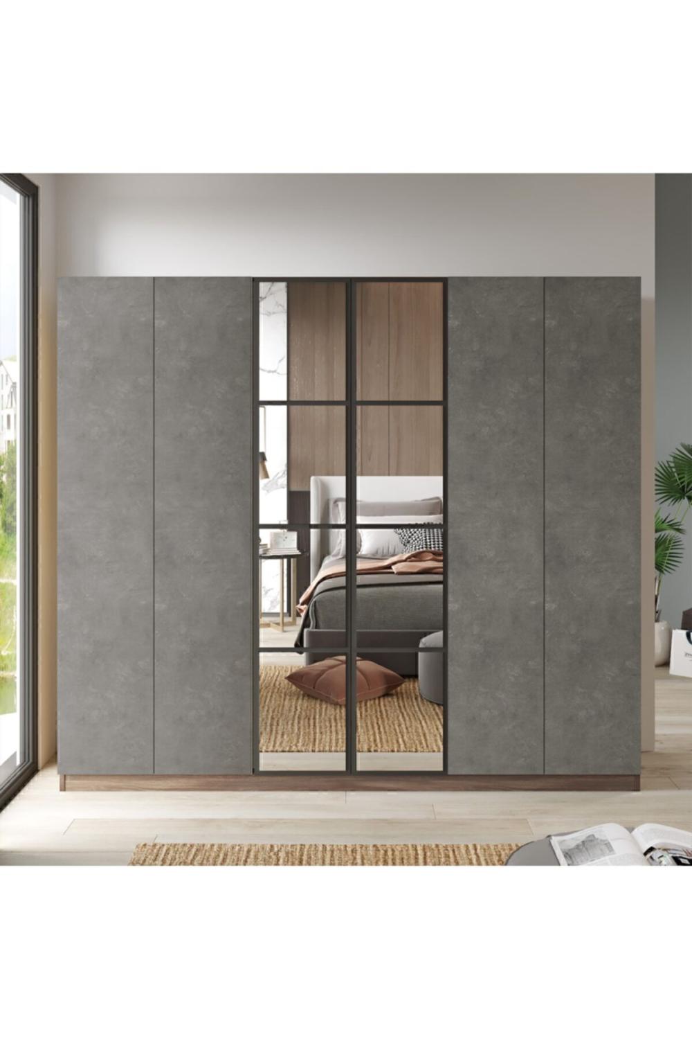 Teeny 6 Avec portes Avec tiroirs Avec miroir Armoire Elbise Armoire Béton-Marron TEE3-CG