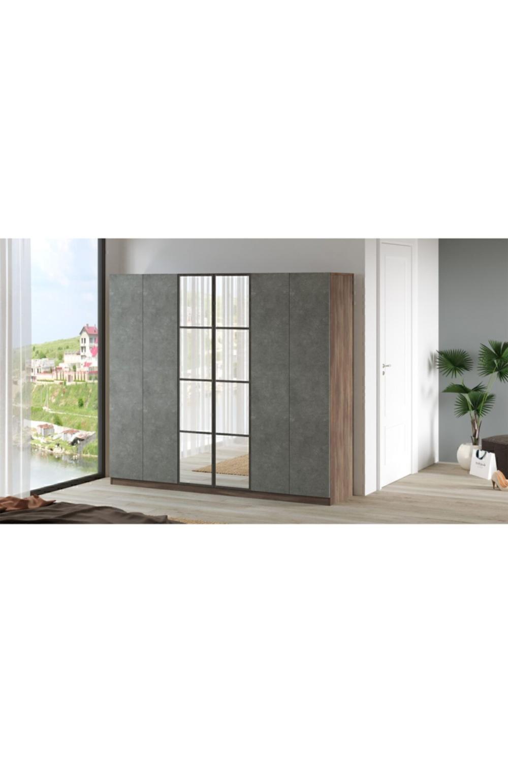 Teeny 6 Avec portes Avec tiroirs Avec miroir Armoire Elbise Armoire Béton-Marron TEE3-CG