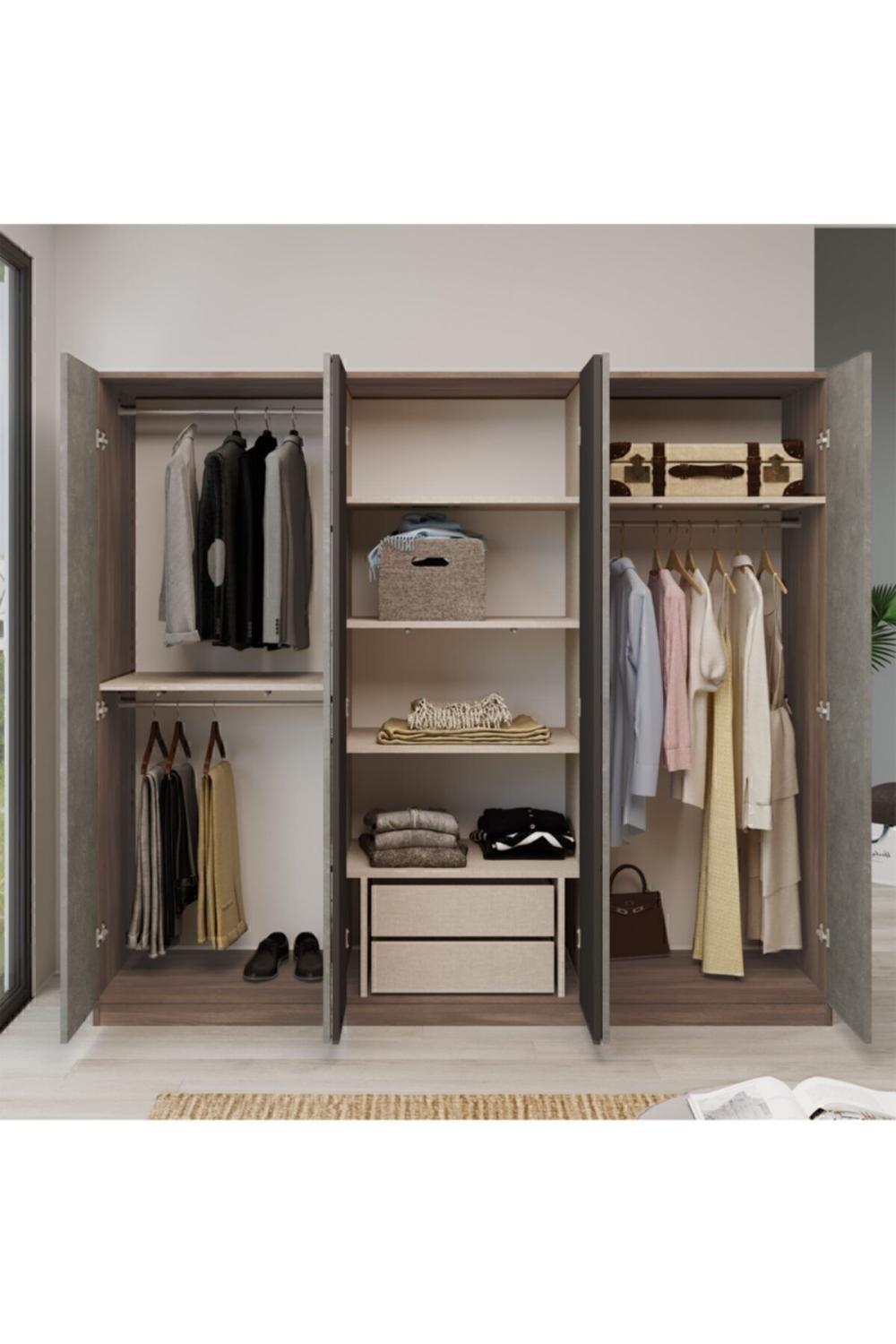 Teeny 6 Avec portes Avec tiroirs Avec miroir Armoire Elbise Armoire Béton-Marron TEE3-CG