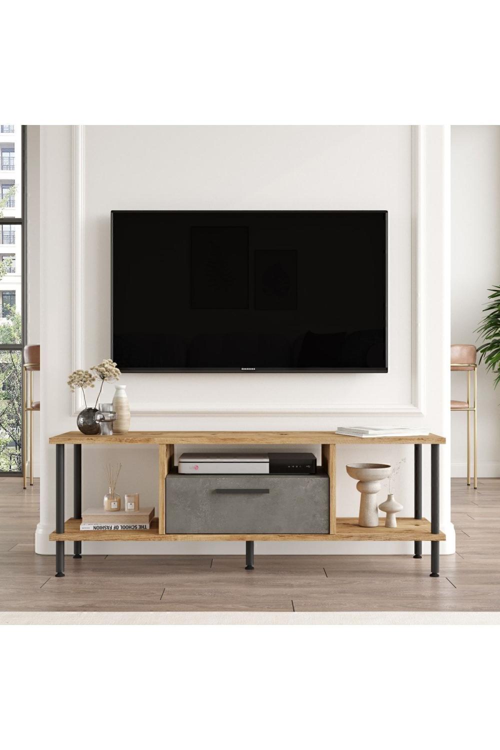 Meuble TV Versa avec Rangement, 120 cm – Pin Atlantique & Béton VER1-AG