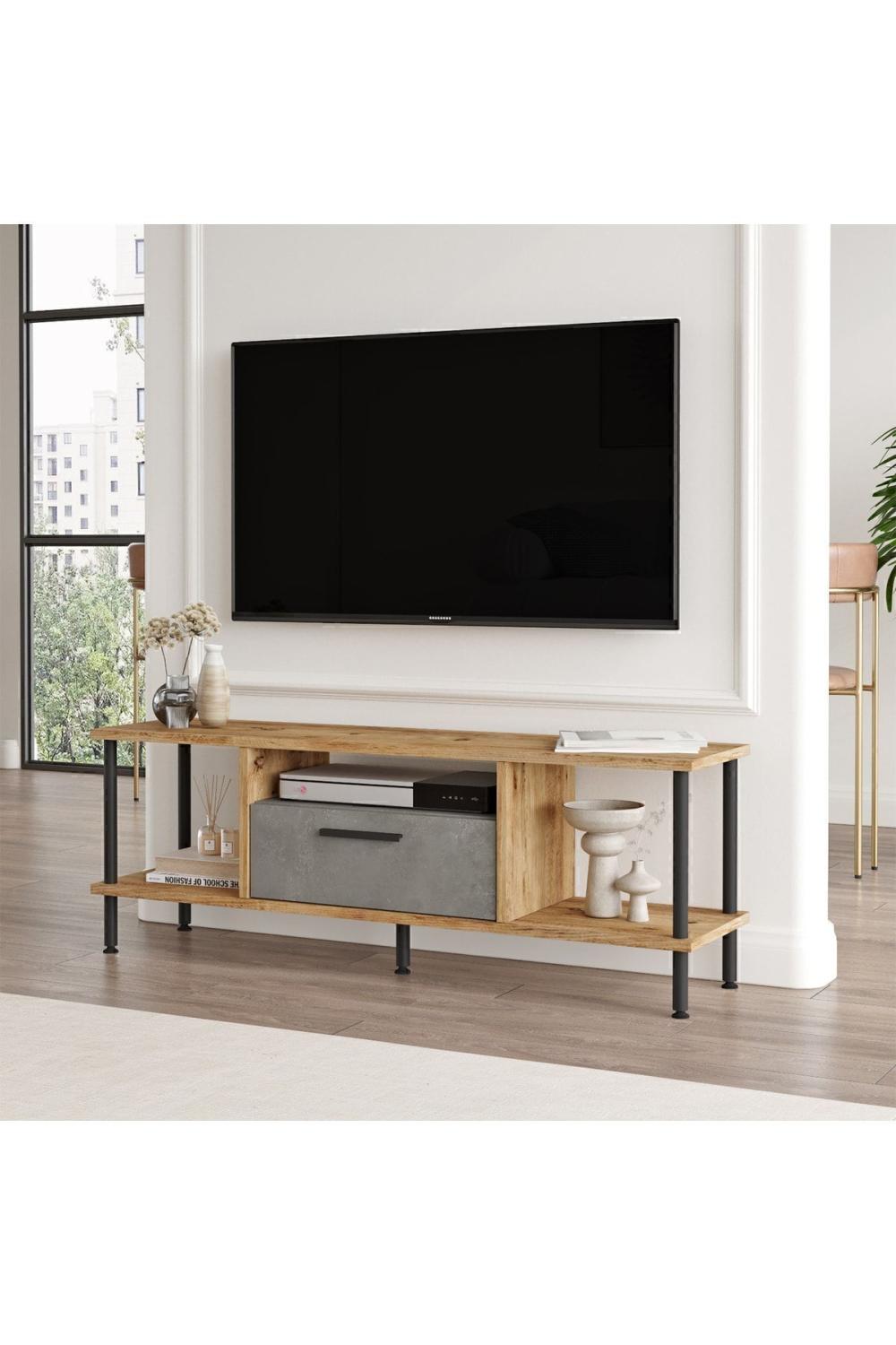Meuble TV Versa avec Rangement, 120 cm – Pin Atlantique & Béton VER1-AG