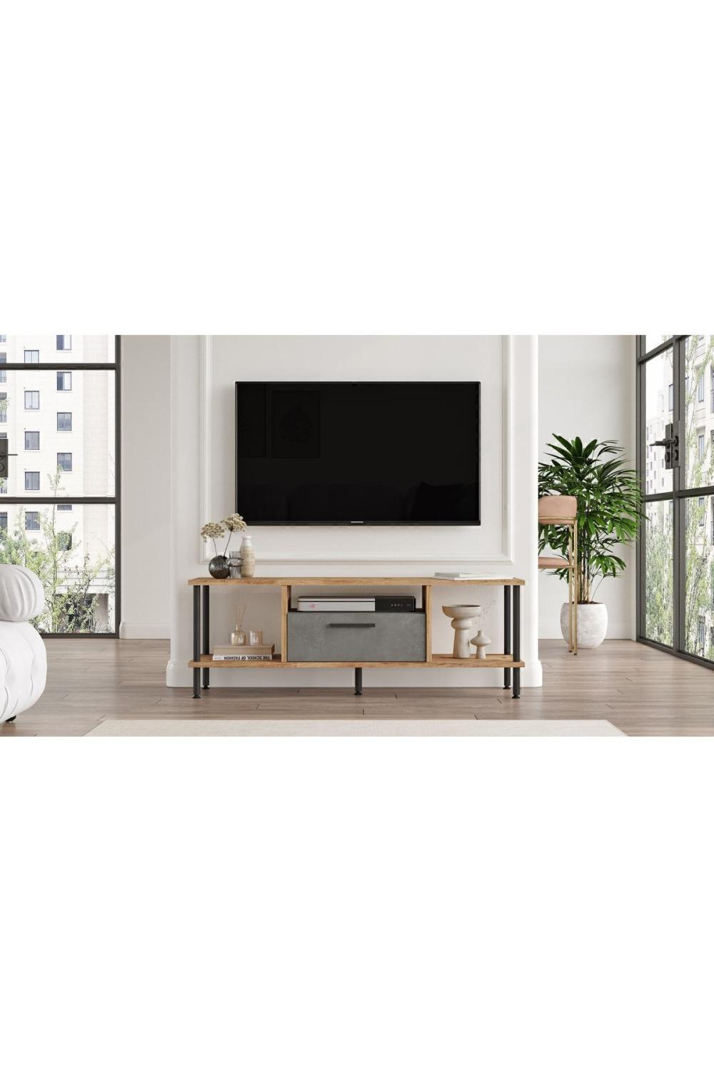 Meuble TV Versa avec Rangement, 120 cm – Pin Atlantique & Béton VER1-AG