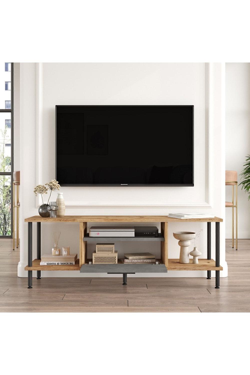 Meuble TV Versa avec Rangement, 120 cm – Pin Atlantique & Béton VER1-AG