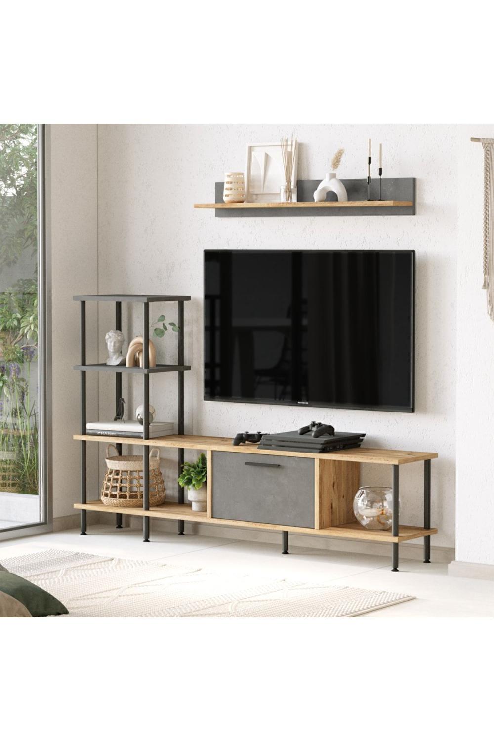 Meuble TV Versa avec Bibliothèque et Étagères, 160 cm – Pin Atlantique & Béton VER2-AG