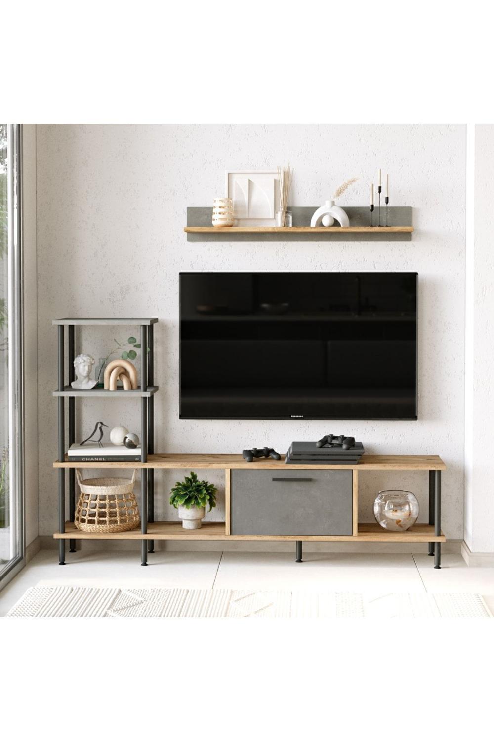 Meuble TV Versa avec Bibliothèque et Étagères, 160 cm – Pin Atlantique & Béton VER2-AG