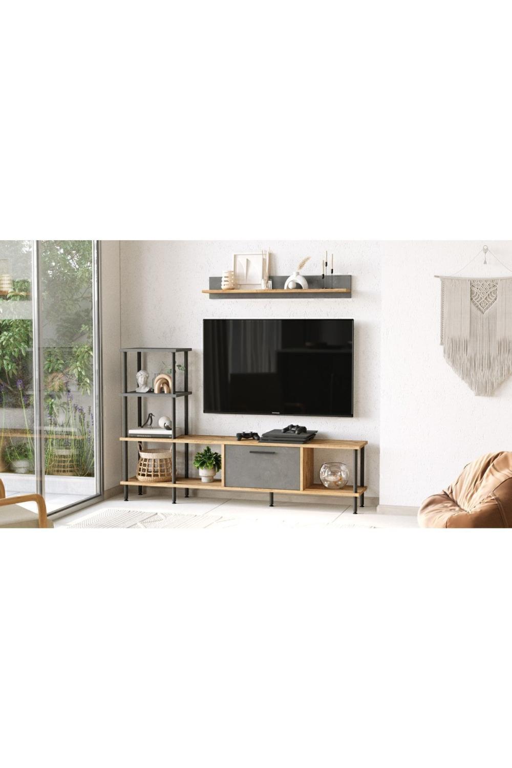Meuble TV Versa avec Bibliothèque et Étagères, 160 cm – Pin Atlantique & Béton VER2-AG