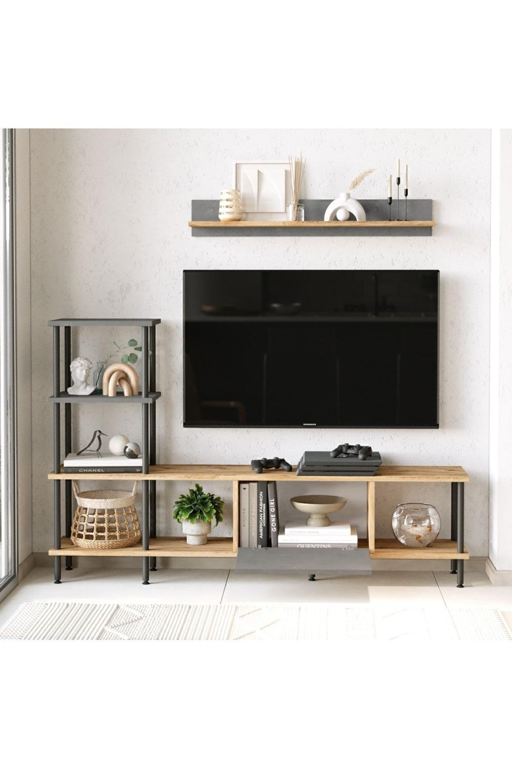 Meuble TV Versa avec Bibliothèque et Étagères, 160 cm – Pin Atlantique & Béton VER2-AG