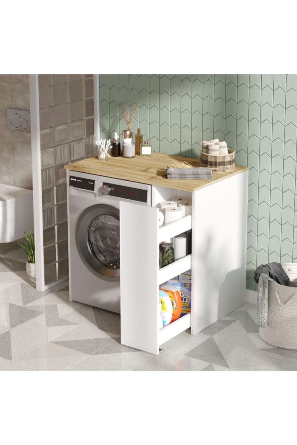 Meuble pour Machine à Laver Wide avec Tiroir – Gris (Effet Feutre) & Blanc WID1-WK