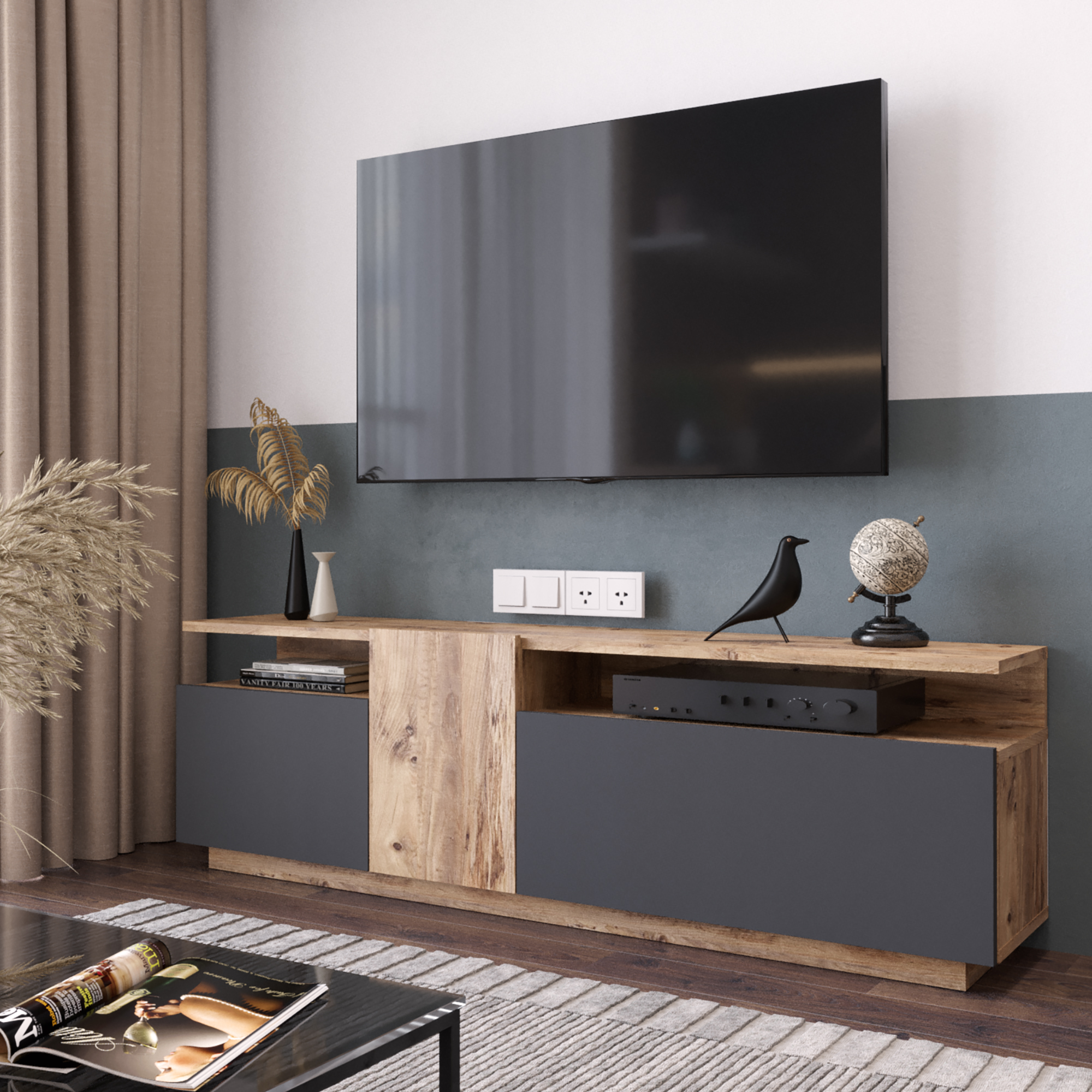 Meuble TV Aven 160 cm – Pin Atlantique & Anthracite (AVE6-AA)