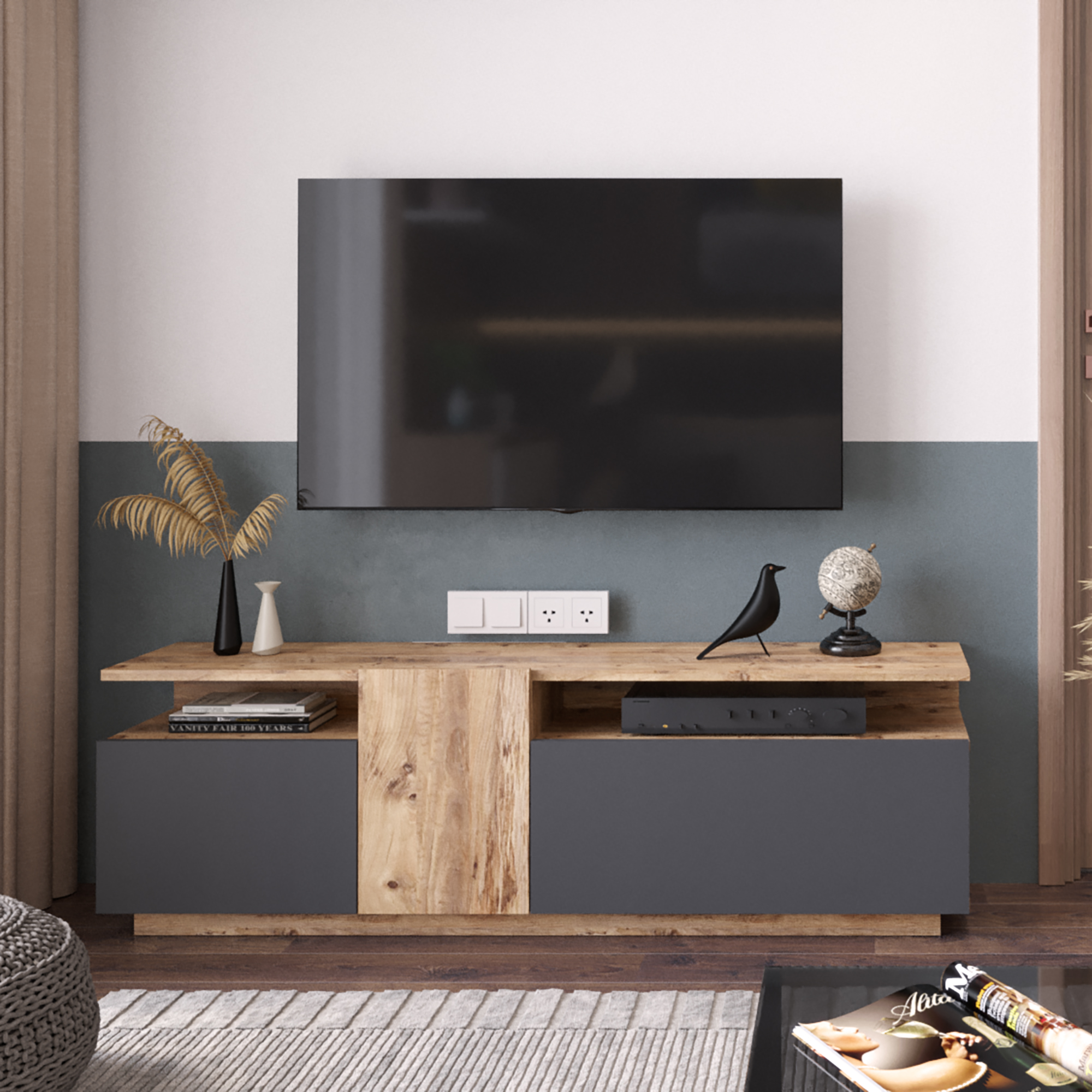 Meuble TV Aven 160 cm – Pin Atlantique & Anthracite (AVE6-AA)