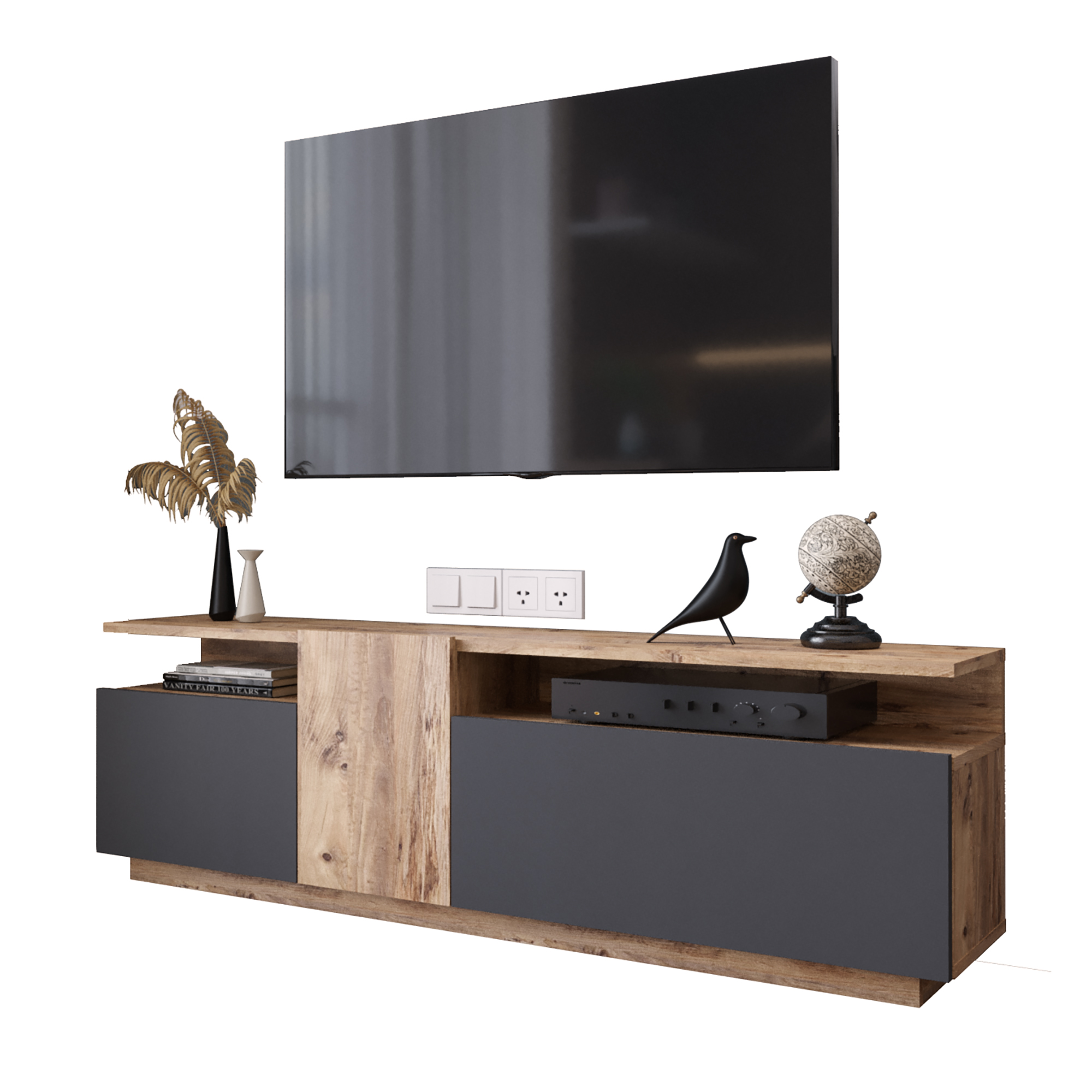 Meuble TV Aven 160 cm – Pin Atlantique & Anthracite (AVE6-AA)