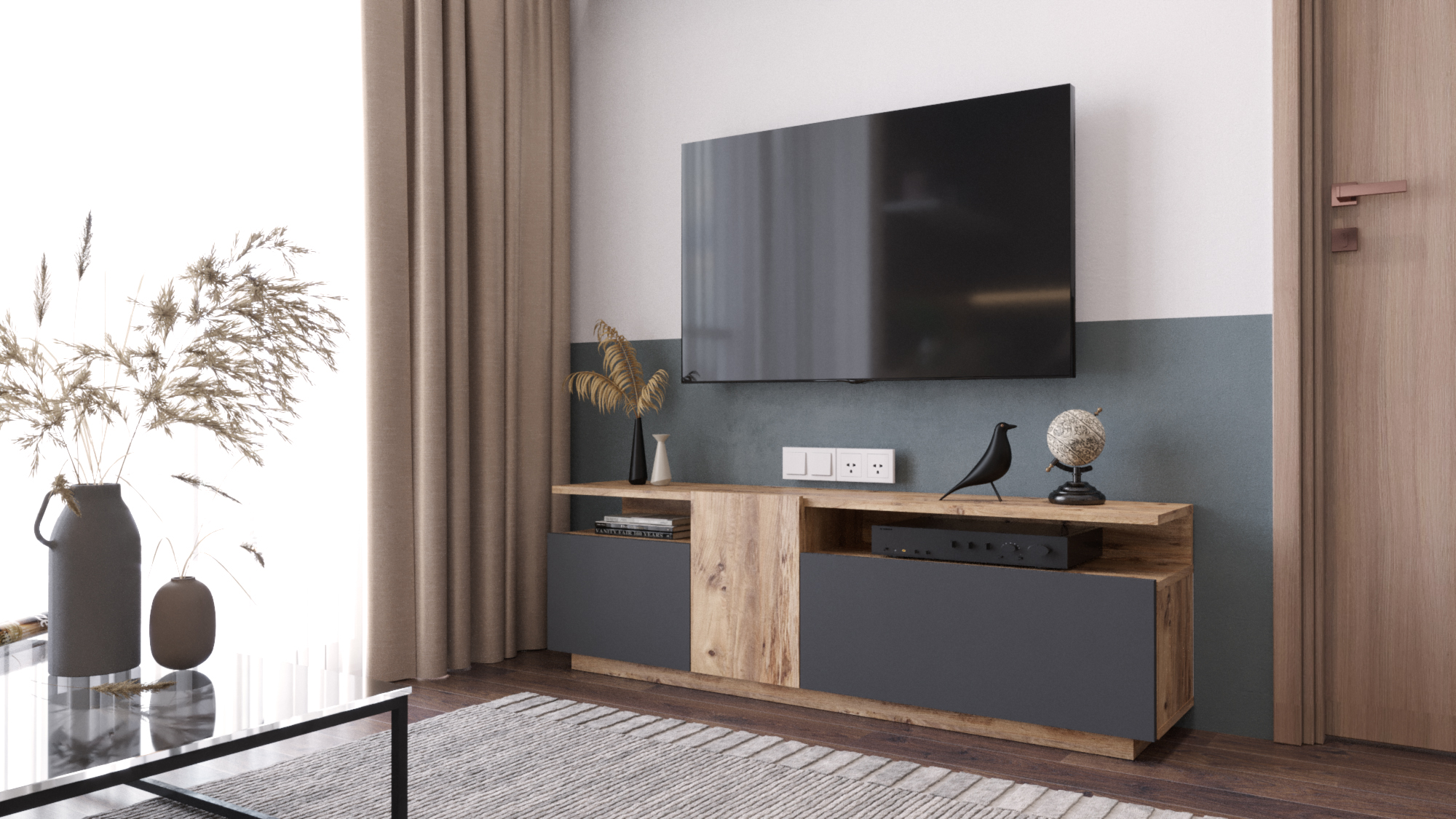 Meuble TV Aven 160 cm – Pin Atlantique & Anthracite (AVE6-AA)