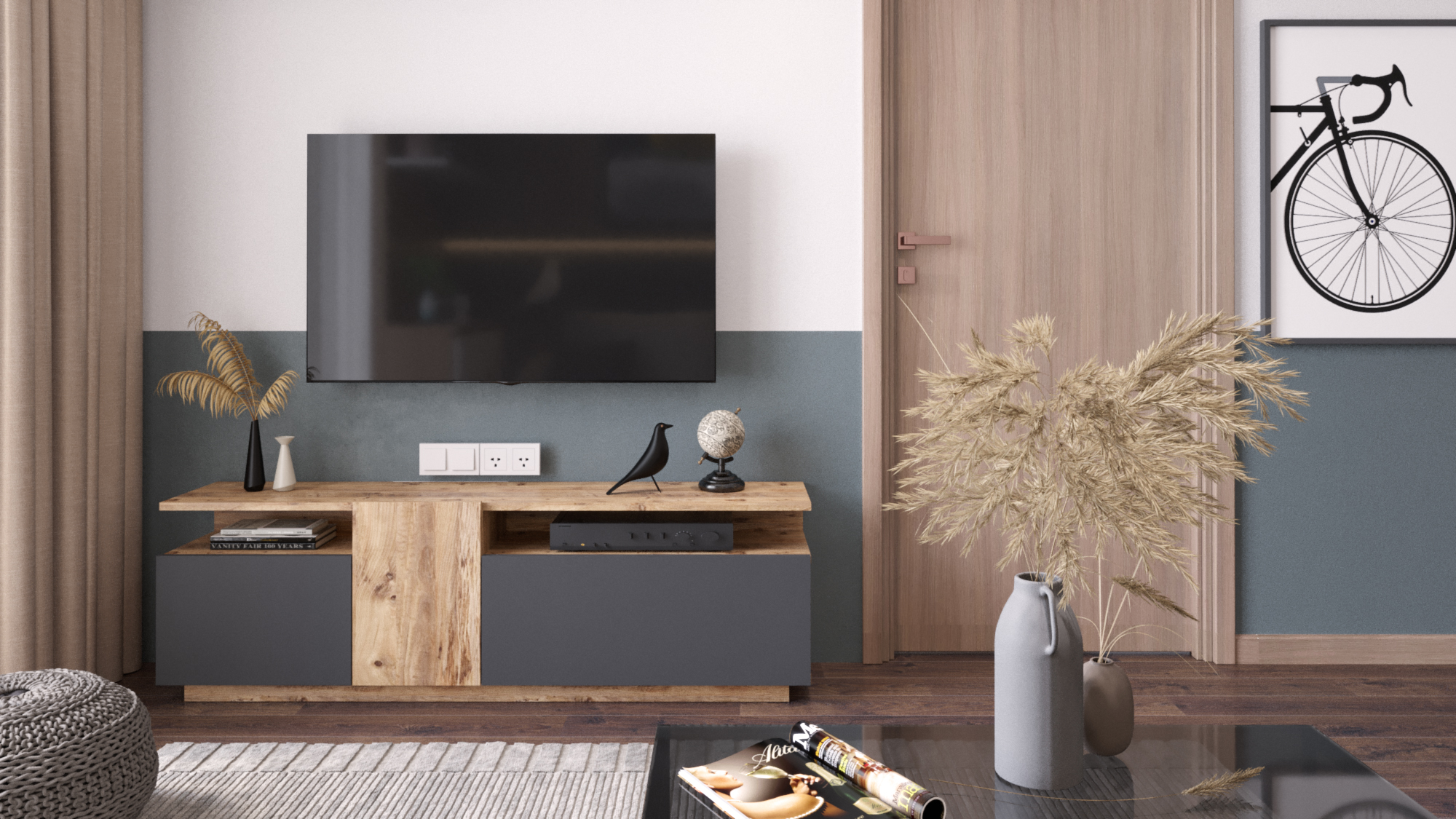 Meuble TV Aven 160 cm – Pin Atlantique & Anthracite (AVE6-AA)