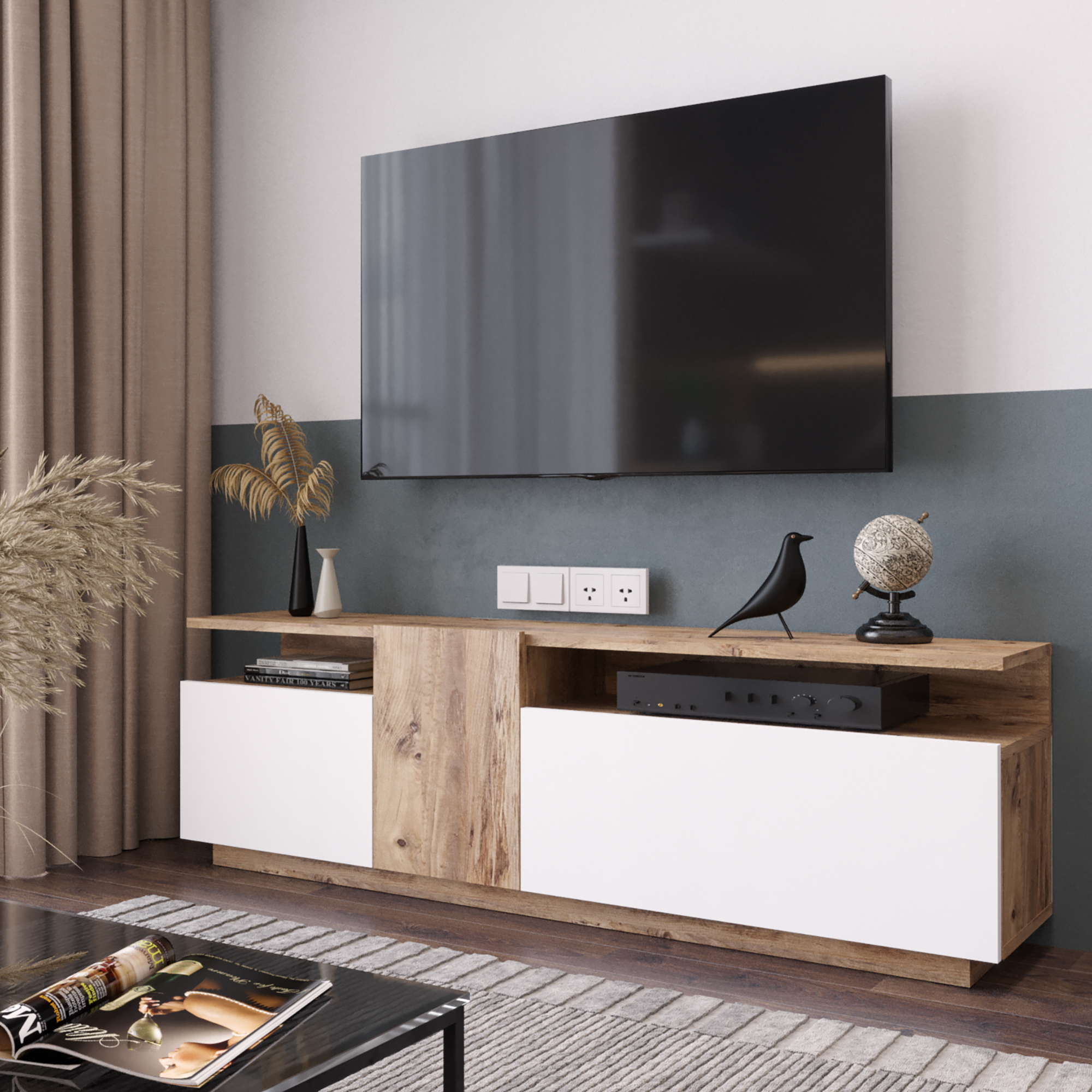 Meuble TV Aven – 160 cm Pin Atlantique & Blanc (AVE6-AW)