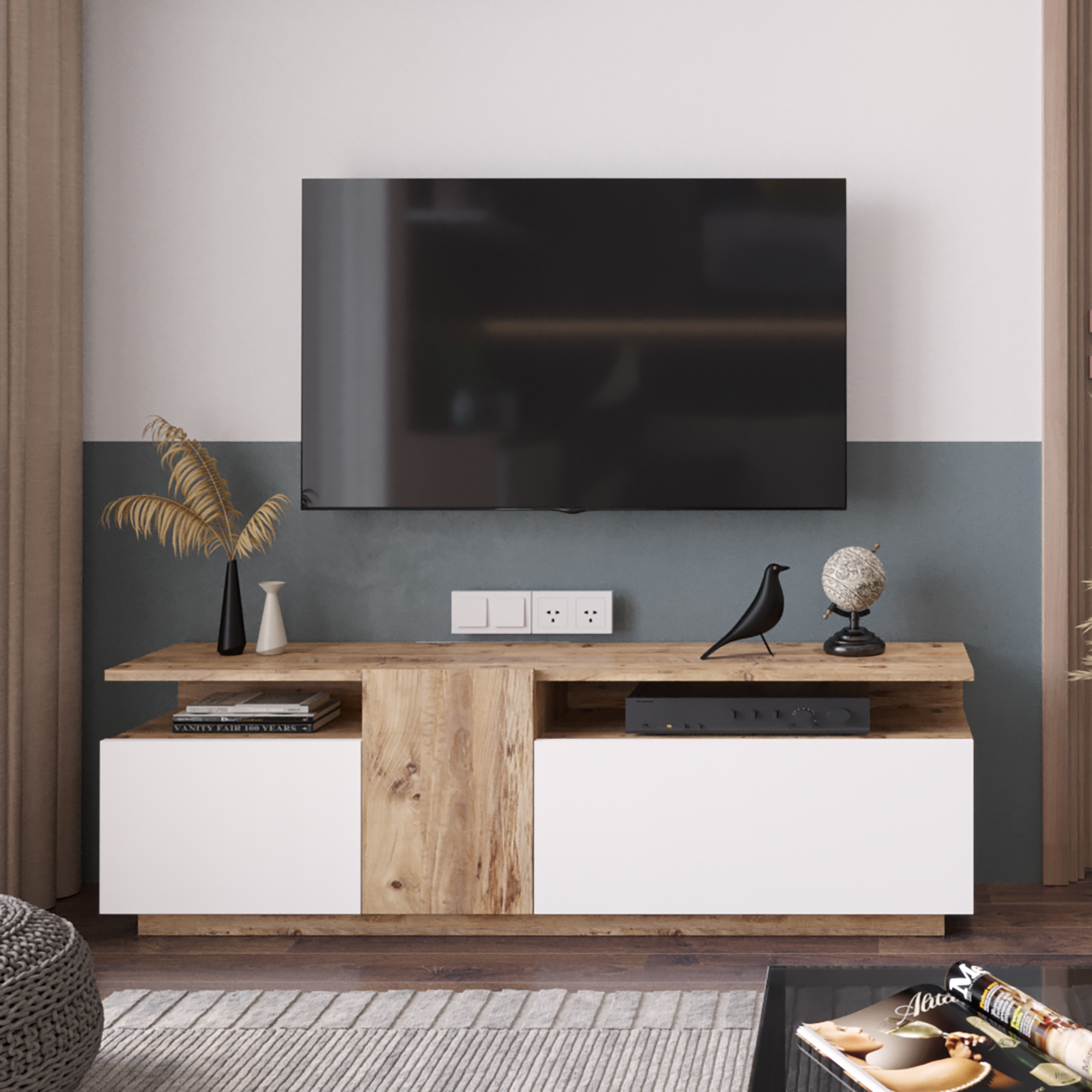 Meuble TV Aven – 160 cm Pin Atlantique & Blanc (AVE6-AW)