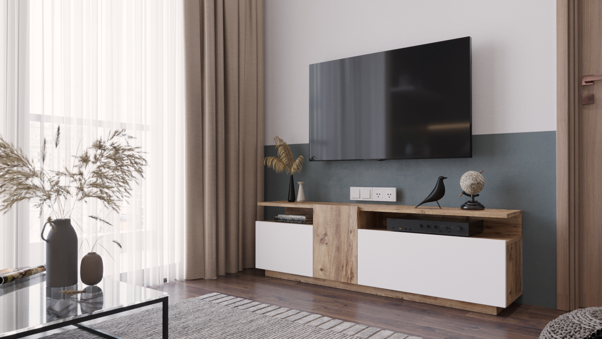 Meuble TV Aven – 160 cm Pin Atlantique & Blanc (AVE6-AW)