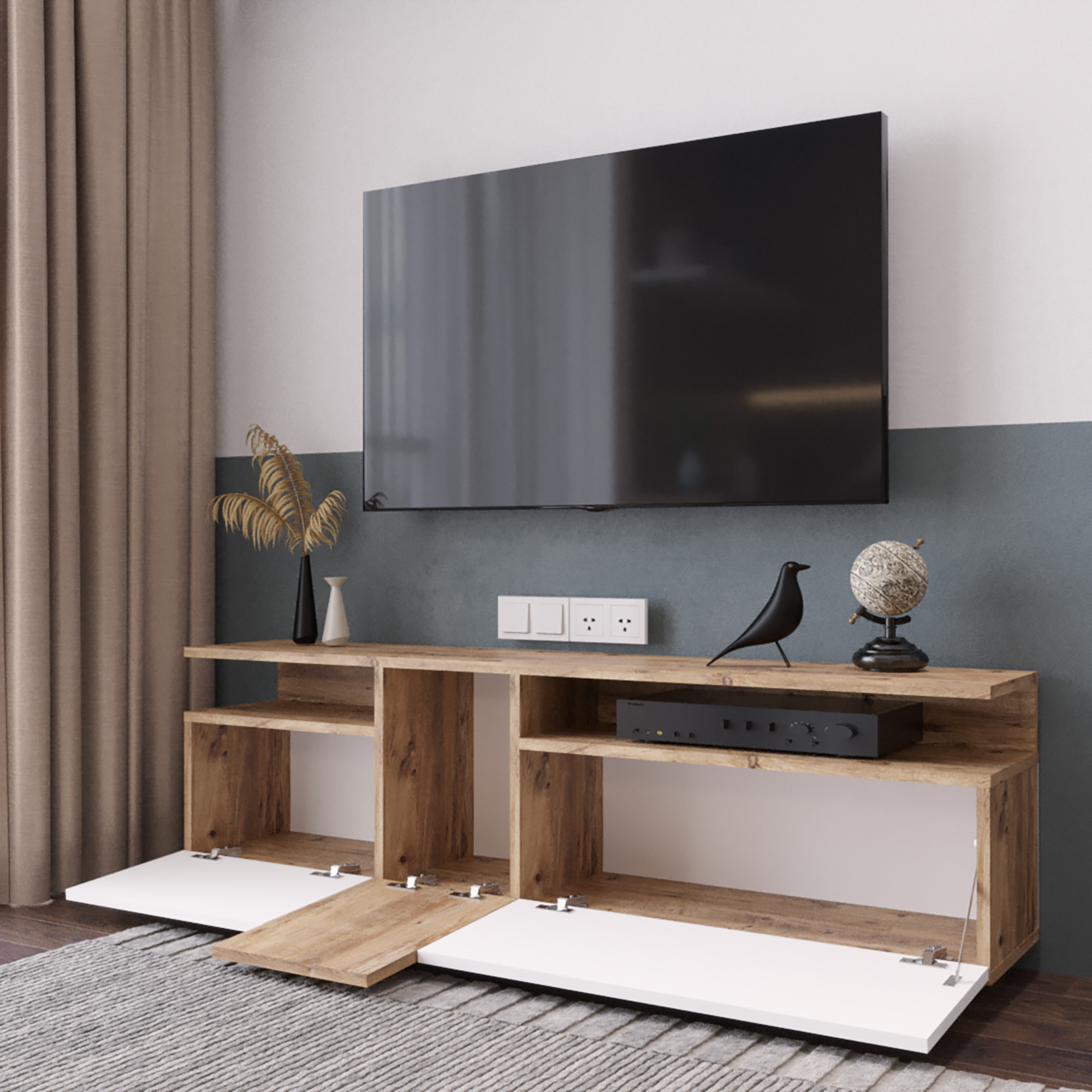 Meuble TV Aven – 160 cm Pin Atlantique & Blanc (AVE6-AW)