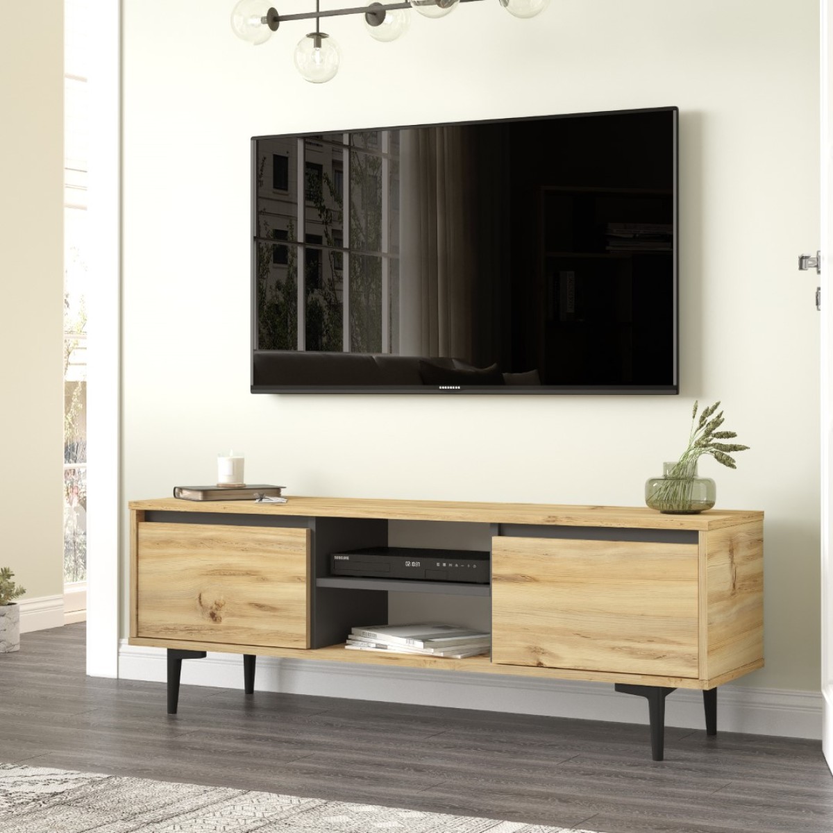 Oliver TV Stand with Doors 140 cm – Felt & Anthracite (OLI1-KA)