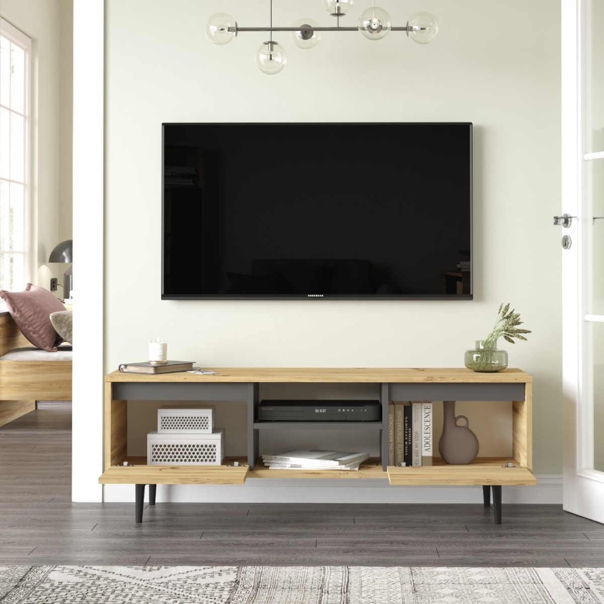 Oliver TV Stand with Doors 140 cm – Felt & Anthracite (OLI1-KA)