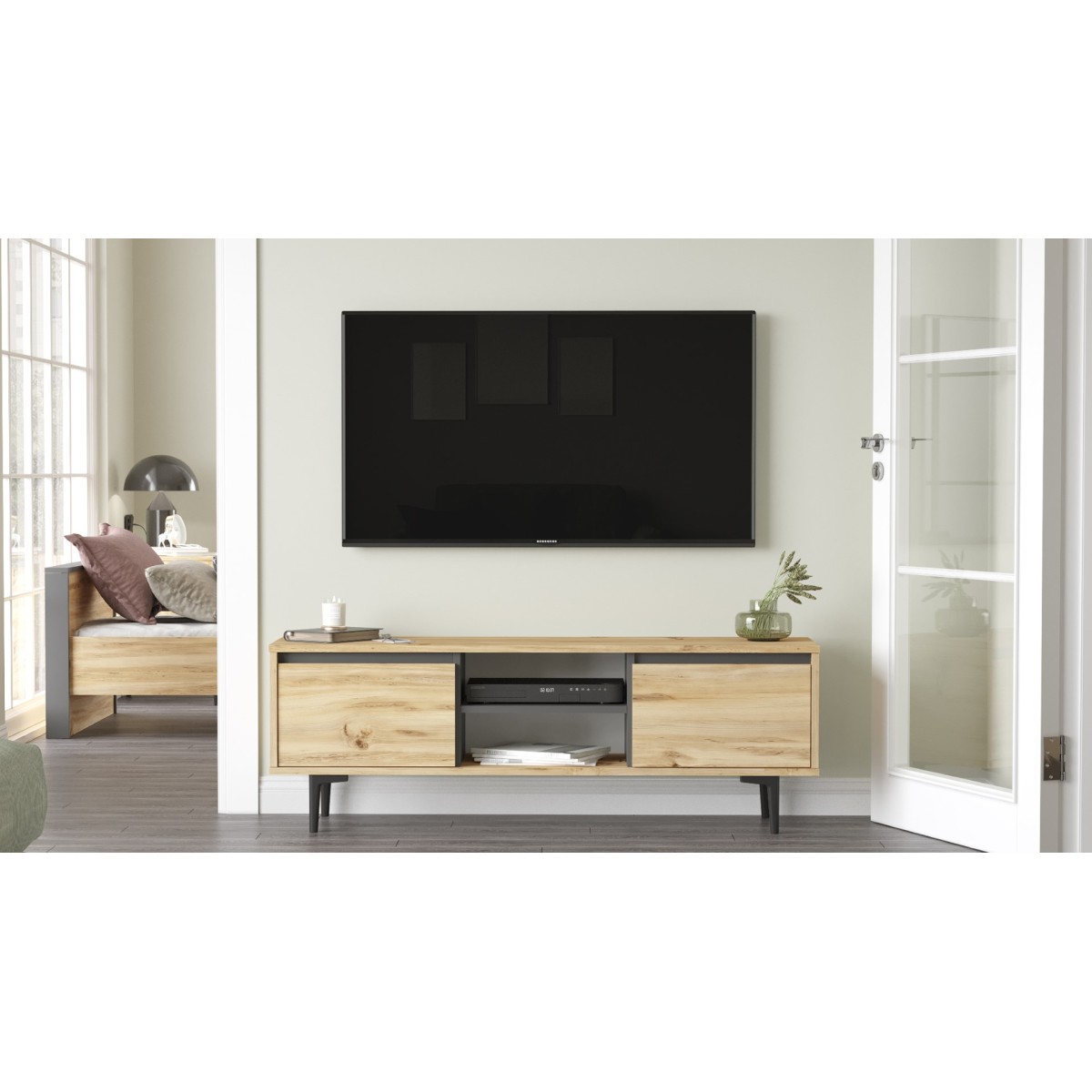 Oliver TV Stand with Doors 140 cm – Felt & Anthracite (OLI1-KA)
