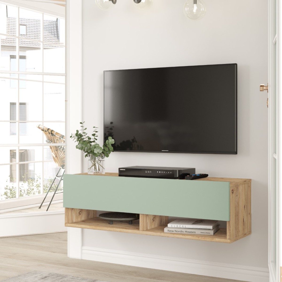 Meuble TV Aven avec Étagère et Porte 100 cm – Pin Atlantique & Vert Tilleul (AVE13-AY)