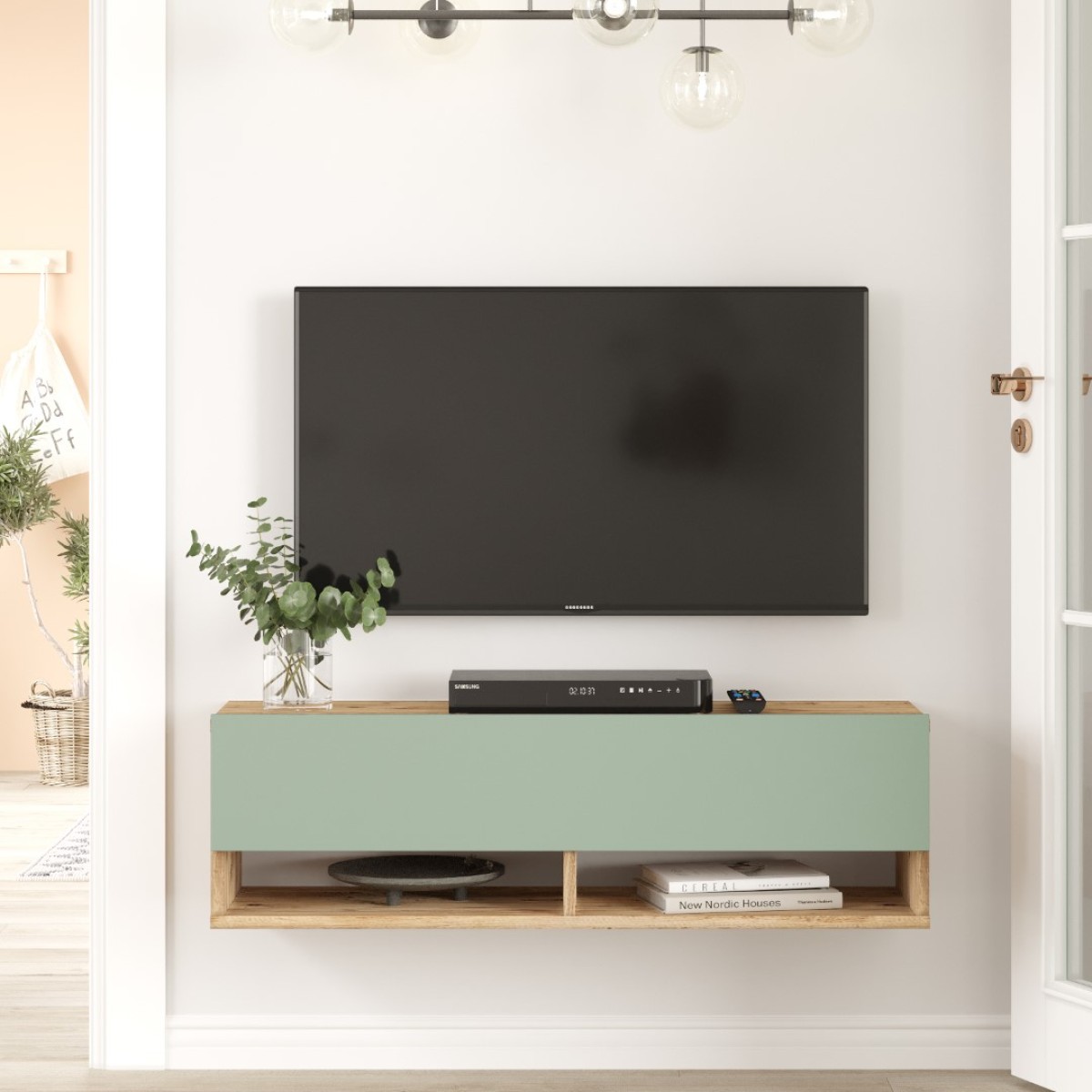 Meuble TV Aven avec Étagère et Porte 100 cm – Pin Atlantique & Vert Tilleul (AVE13-AY)