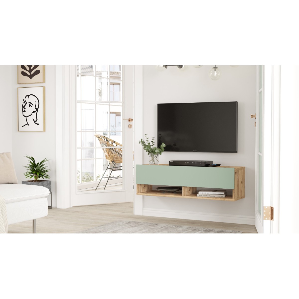Meuble TV Aven avec Étagère et Porte 100 cm – Pin Atlantique & Vert Tilleul (AVE13-AY)