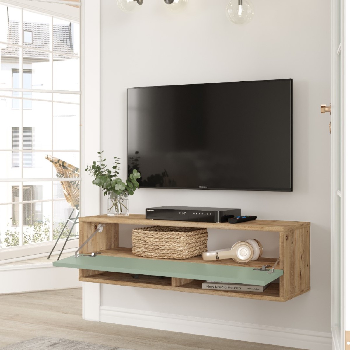 Meuble TV Aven avec Étagère et Porte 100 cm – Pin Atlantique & Vert Tilleul (AVE13-AY)