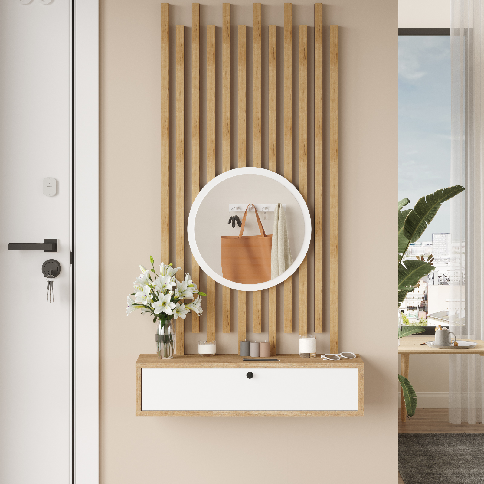 Console avec Miroir et Panneaux à Lattes en Bois – Blanc Panier (CS4-SW)