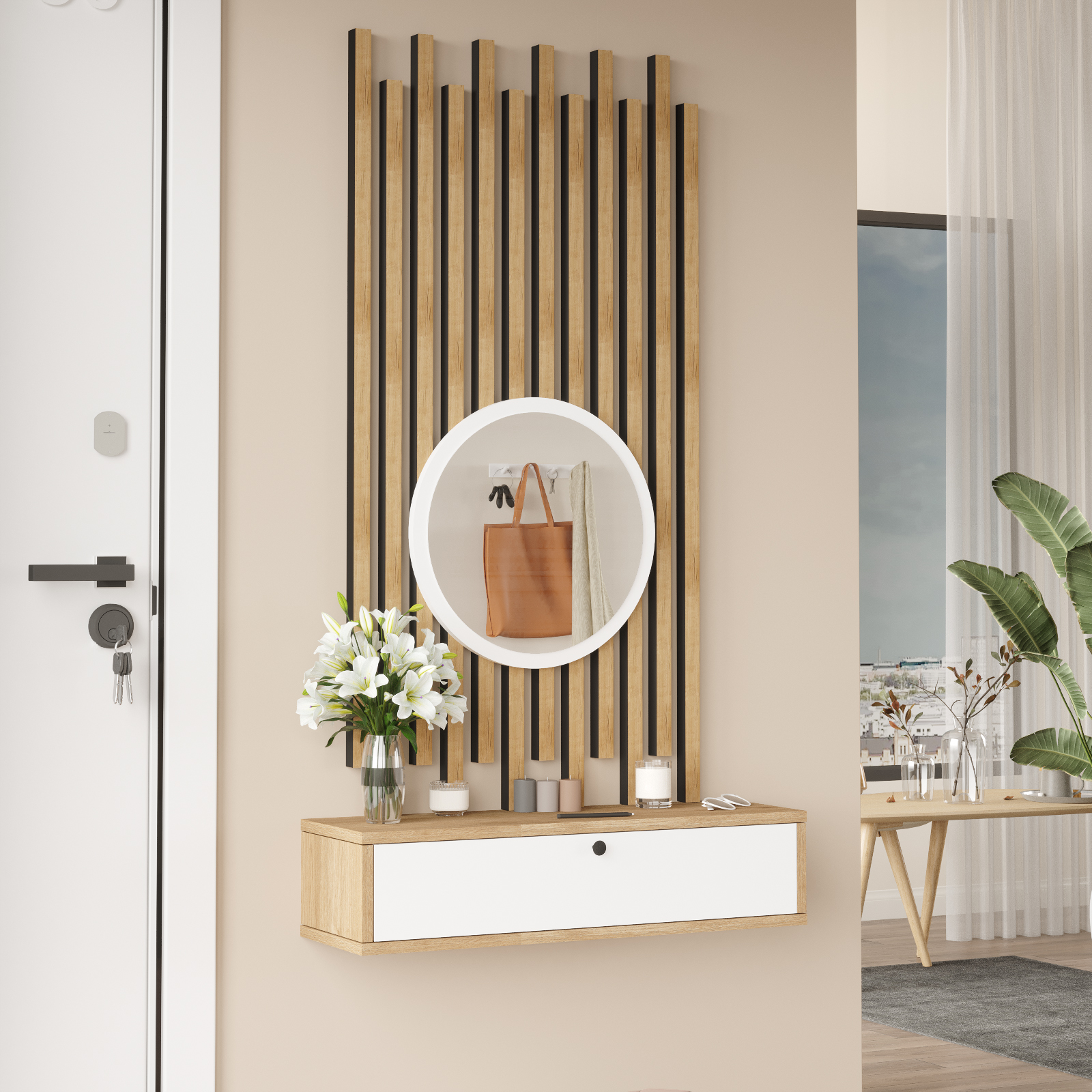 Console avec Miroir et Panneaux à Lattes en Bois – Blanc Panier (CS4-SW)