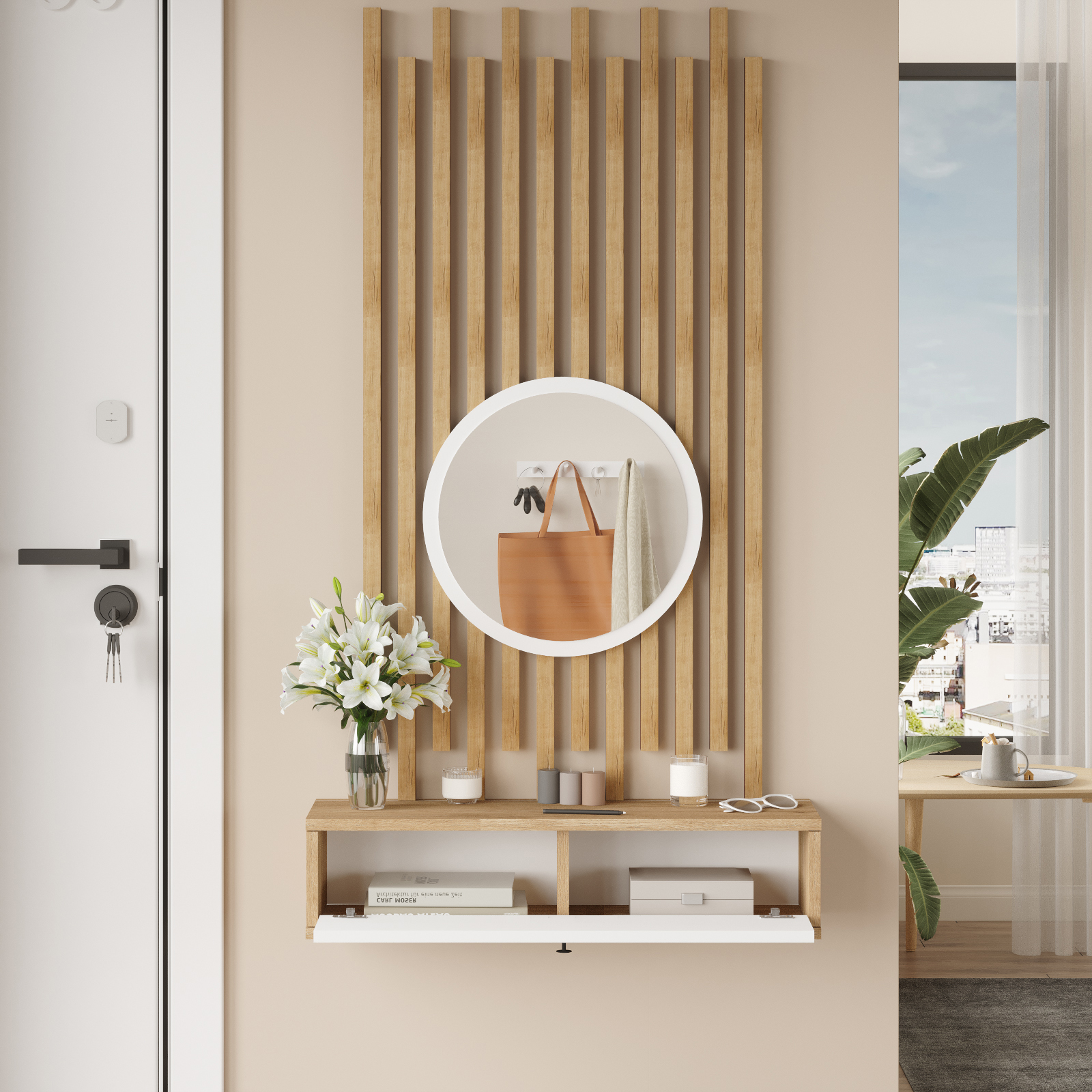 Console avec Miroir et Panneaux à Lattes en Bois – Blanc Panier (CS4-SW)